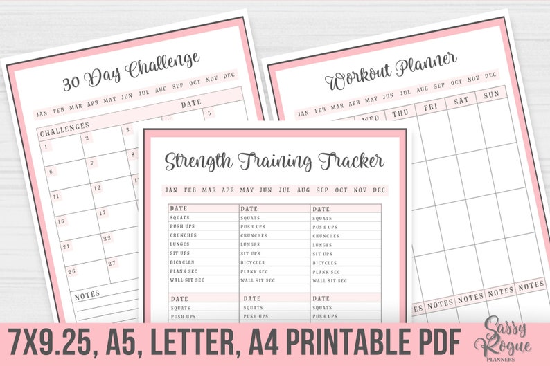 May include: Printable 30-day challenge and workout planner with a strength training tracker. The planner includes a calendar grid, a list of challenges, and a section for notes. The tracker includes a table for tracking squats, push-ups, crunches, lunges, sit-ups, bicycles, plank, and wall sit.