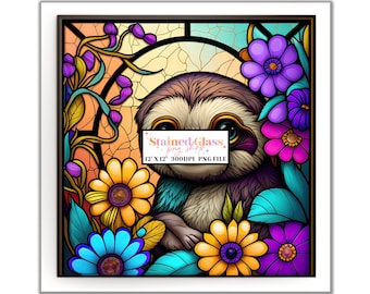 Sloth Stained Glass Sublimation Designs, Stained Glass Pattern, Stained Glass PNG, Faux Stained Glass, Stain Glass Paper, Digital Paper