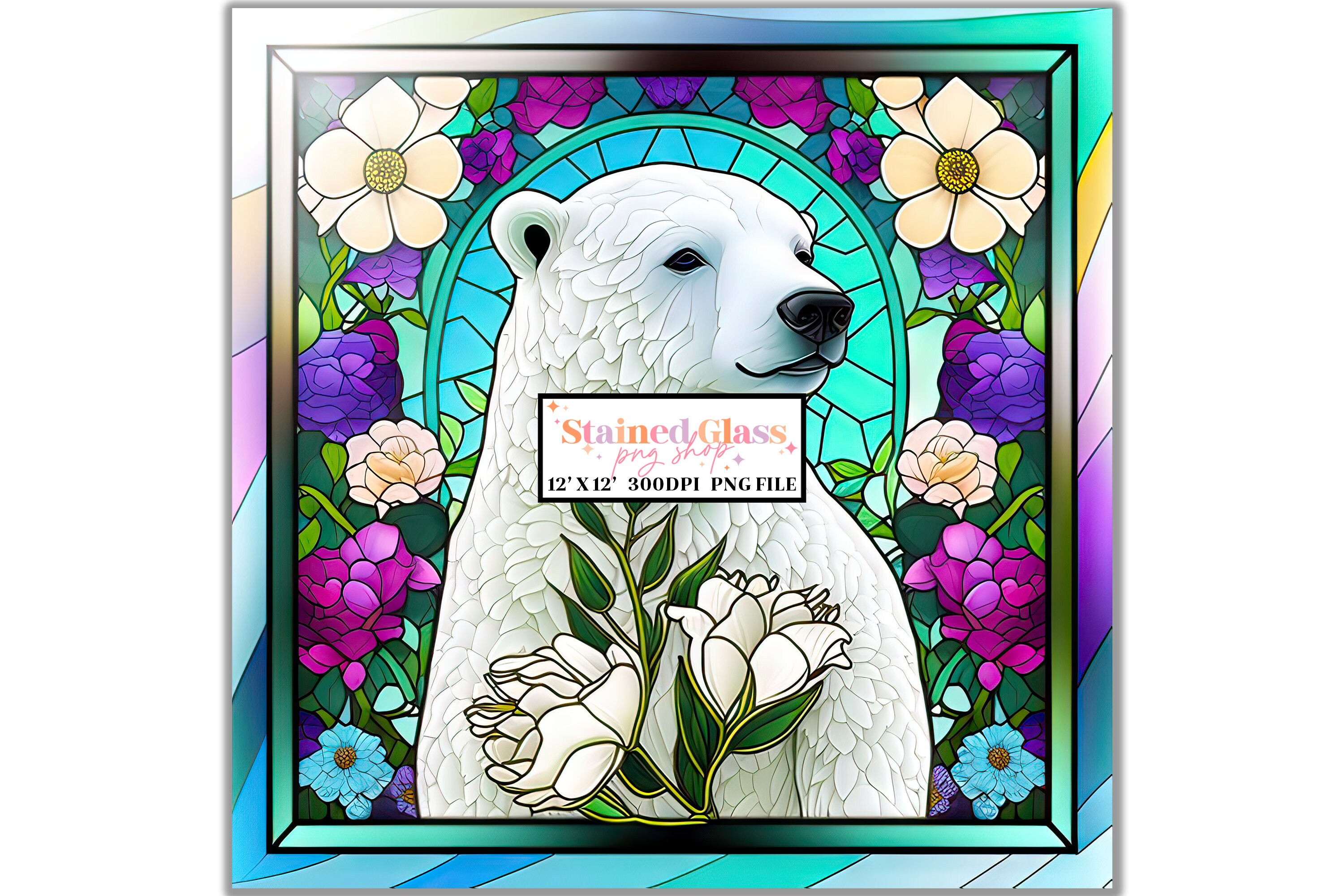 Polar Bear Stained Glass Sublimation Designs, Stained Glass Pattern, Stained Glass PNG, Faux Stained Glass, Stain Glass Paper,Digital Paper