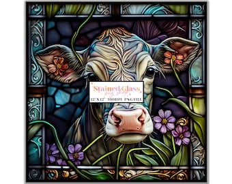 Cow Stained Glass Sublimation Designs, Stained Glass Pattern, Stained Glass PNG, Faux Stained Glass, Stain Glass Paper, Digital Papers