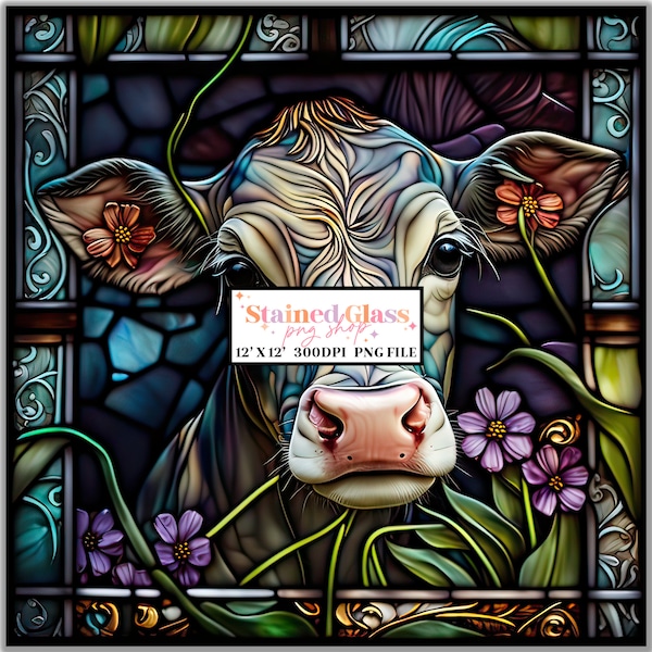 Cow Stained Glass Sublimation Designs, Stained Glass Pattern, Stained Glass PNG, Faux Stained Glass, Stain Glass Paper, Digital Papers