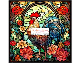Rooster Stained Glass Sublimation Designs, Stained Glass Pattern, Stained Glass PNG, Faux Stained Glass, Stain Glass, Digital Paper