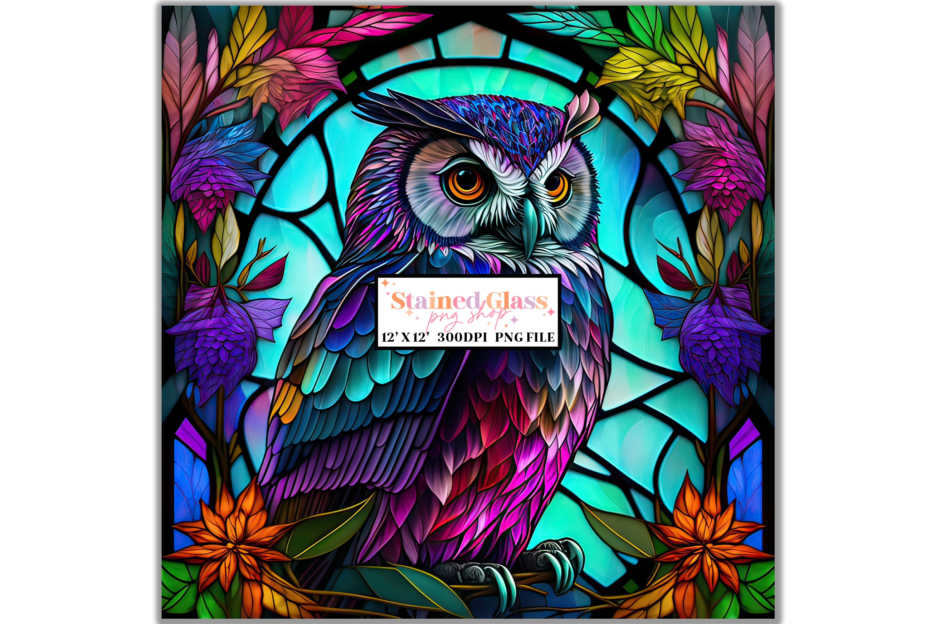 Owl Stained Glass Sublimation Designs, Stained Glass Pattern, Stained Glass PNG, Faux Stained Glass,