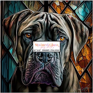 May include: A digital illustration of a brown and black dog's face, with a stained glass effect. The dog's eyes are a bright orange. The image is labeled "Stained Glass, png shop, 12" x 12" 300dpi PNG FILE".