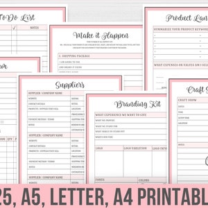 May include: Printable planning sheets for craft businesses. The sheets include a to-do list, order form, supplier list, branding kit, product language, and craft show checklist. The sheets are in a pink and white color scheme with a pink border.