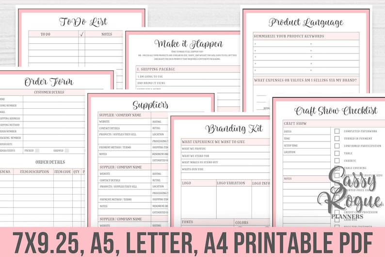 May include: Printable planning sheets for craft businesses. The sheets include a to-do list, order form, supplier list, branding kit, product language, and craft show checklist. The sheets are in a pink and white color scheme with a pink border.