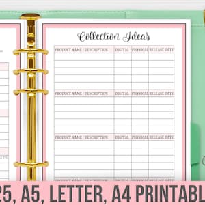May include: A printable planner page with a pink and white color scheme. The page is titled "Collection Ideas" and has columns for product name, description, digital, physical, and release date. The page is designed for use with a disc bound planner.