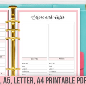 May include: A printable planner page with a pink and white design. The page is divided into two sections, one labeled "Before" and the other labeled "After". Each section has a list of measurements to track, including weight, BMI, waist, stomach, and hips.