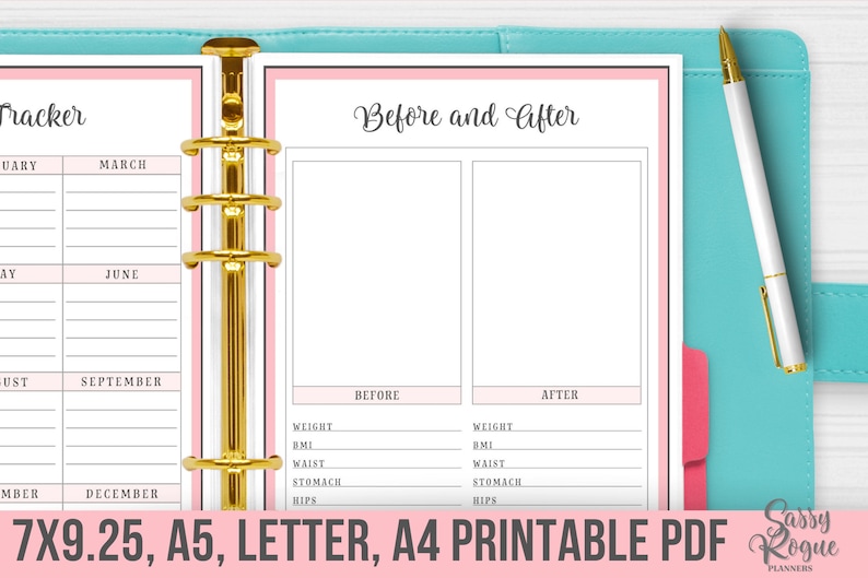 May include: A printable planner page with a pink and white design. The page is divided into two sections, one labeled "Before" and the other labeled "After". Each section has a list of measurements to track, including weight, BMI, waist, stomach, and hips.