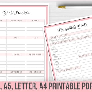May include: Printable weight loss goal tracker with a pink and white design. The tracker includes sections for monthly goals, measurements, motivation, and milestones.
