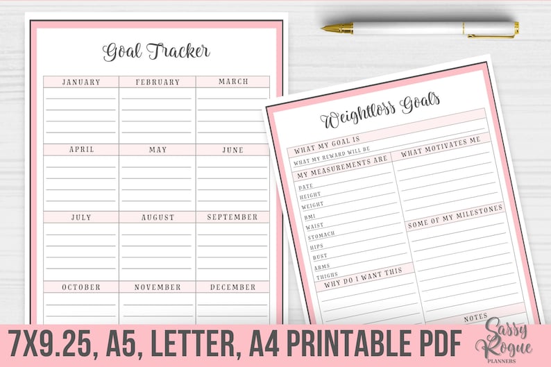 May include: Printable weight loss goal tracker with a pink and white design. The tracker includes sections for monthly goals, measurements, motivation, and milestones.