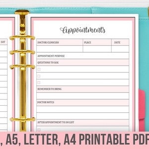May include: A printable planner page with a pink and white color scheme. The page is divided into two sections: a chart with days of the week and a section for appointments. The appointments section includes fields for doctor/clinician, appointment purpose, questions to ask, things to remember to bring, doctor notes, and after appointment to do list. The page is labeled "Chart" and "Appointments".