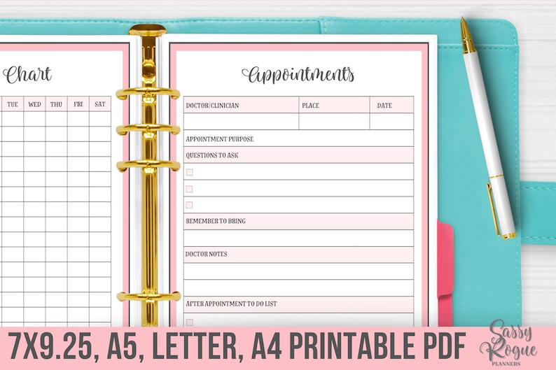 May include: A printable planner page with a pink and white color scheme. The page is divided into two sections: a chart with days of the week and a section for appointments. The appointments section includes fields for doctor/clinician, appointment purpose, questions to ask, things to remember to bring, doctor notes, and after appointment to do list. The page is labeled "Chart" and "Appointments".