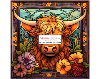 Highland Cow Stained Glass Sublimation Designs, Stained Glass Pattern, Stained Glass PNG, Faux Stained Glass, Stain Glass, Digital Paper