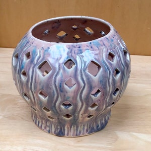 Large Fire-Safe Ceramic Lantern/Candleholder Patio Lighting Casts Diamond Lights, Handthrown Pottery, 6.5 x 5.25 Inches