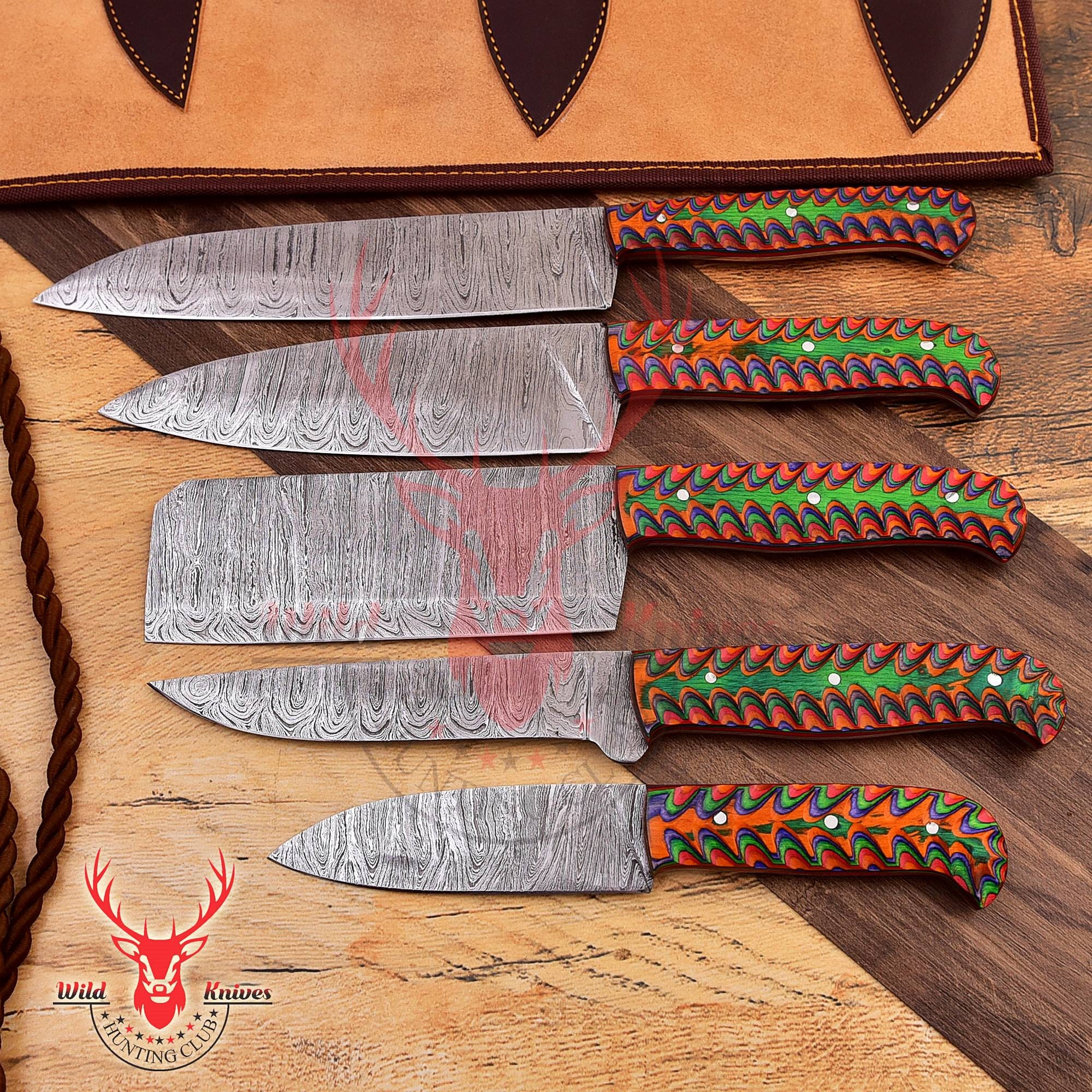 Handmade Damascus Chef Knife Set of 5 With Multicolor Dollar Sheet Handle  Kitchen Knife Groomsmen Gift Birthday Anniversary Gift for Men 