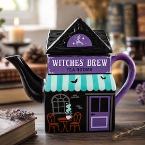 Halloween Teekanne Keramik Witches Brew Tea Room | Hexenhaus Teekanne Herbst Deko | Geschenk Teeliebhaber, Witchy Gothic Decor, 1000ml