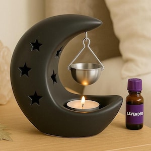 Mystischer Mond Duftlampe – Schwarzer Keramik Duftlampe mit Sternen | Aromalampe für ätherische Öle | Spirituelle Wohn-Deko | Geschenk