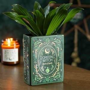 Zauberbuch Vase - Green Witch Buch Vase, Witchy Deko & Cottagecore Geschenk, Spirituelle Keramik Vase für Pflanzen Magie, Leser Geschenk