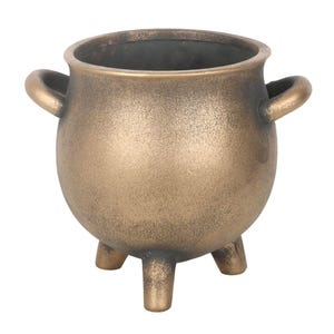 Bronzefarbener Kräutertopf in Kesselform aus Terrakotta mit drei Füßen und seitlichen Griffen, Rückansicht auf hellem Hintergrund