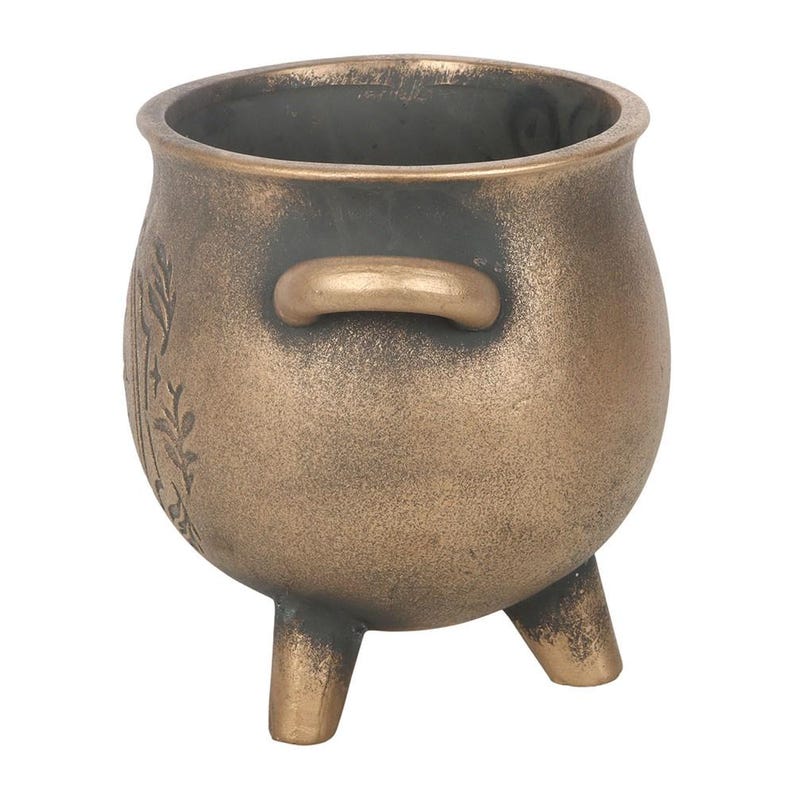 Terrakotta Pflanztopf im Cauldron Design mit Bronze-Finish und Griffen, seitliche Ansicht auf neutralem Hintergrund