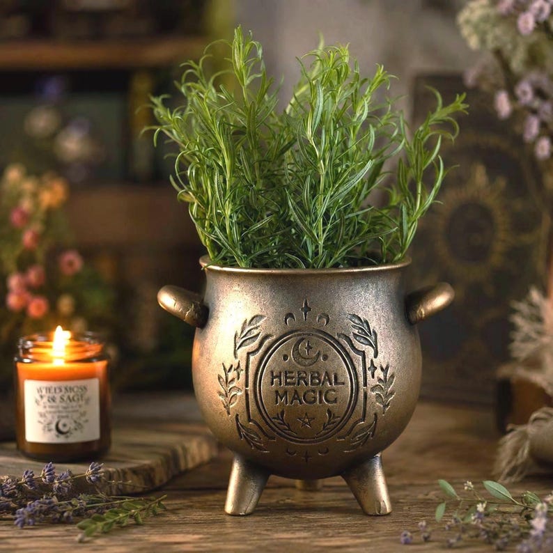 Bronzefarbener Hexenkessel als Kräutertopf mit dekorativer Prägung „Herbal Magic“, bepflanzt mit frischem Rosmarin und mittig auf einem rustikalen Holztisch arrangiert. Im weich verschwommenen Hintergrund im Witchy Cottagecore Stil stehen eine brennende Duftkerze, Trockenblumen und natürliche Dekorationen in warmen Erdtönen. Hochwertige Produktfotografie mit geringer Tiefenschärfe und gemütlicher, magischer Atmosphäre.