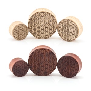 Flower of Life Wood Ear Plug Ear Gauge - Laser Engraved Bamboo & Rose Wood 10-30mm