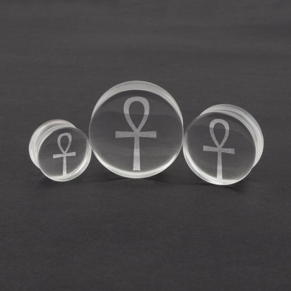 Ankh Symbol Clear Glass Ear Plug Laser Engraved Pyrex Stretcher Ear Gauge 10mm - 30mm