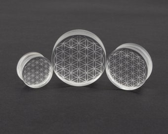 Bouchon d'oreille en verre transparent Flower of Life Jauge d'oreille en Pyrex gravée au laser 10 mm - 30 mm