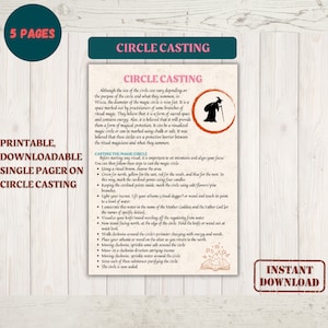 Puede incluir: Una guía imprimible y descargable de una página sobre el lanzamiento de círculos. La guía incluye instrucciones sobre cómo lanzar el círculo mágico, con pasos como el uso de una escoba ritual, la marcación de los puntos cardinales y la aspersión de sal. La imagen también presenta el texto "Descarga instantánea".