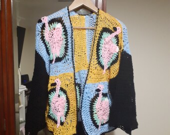 Flamingo Granny Square Crochet Cardigan