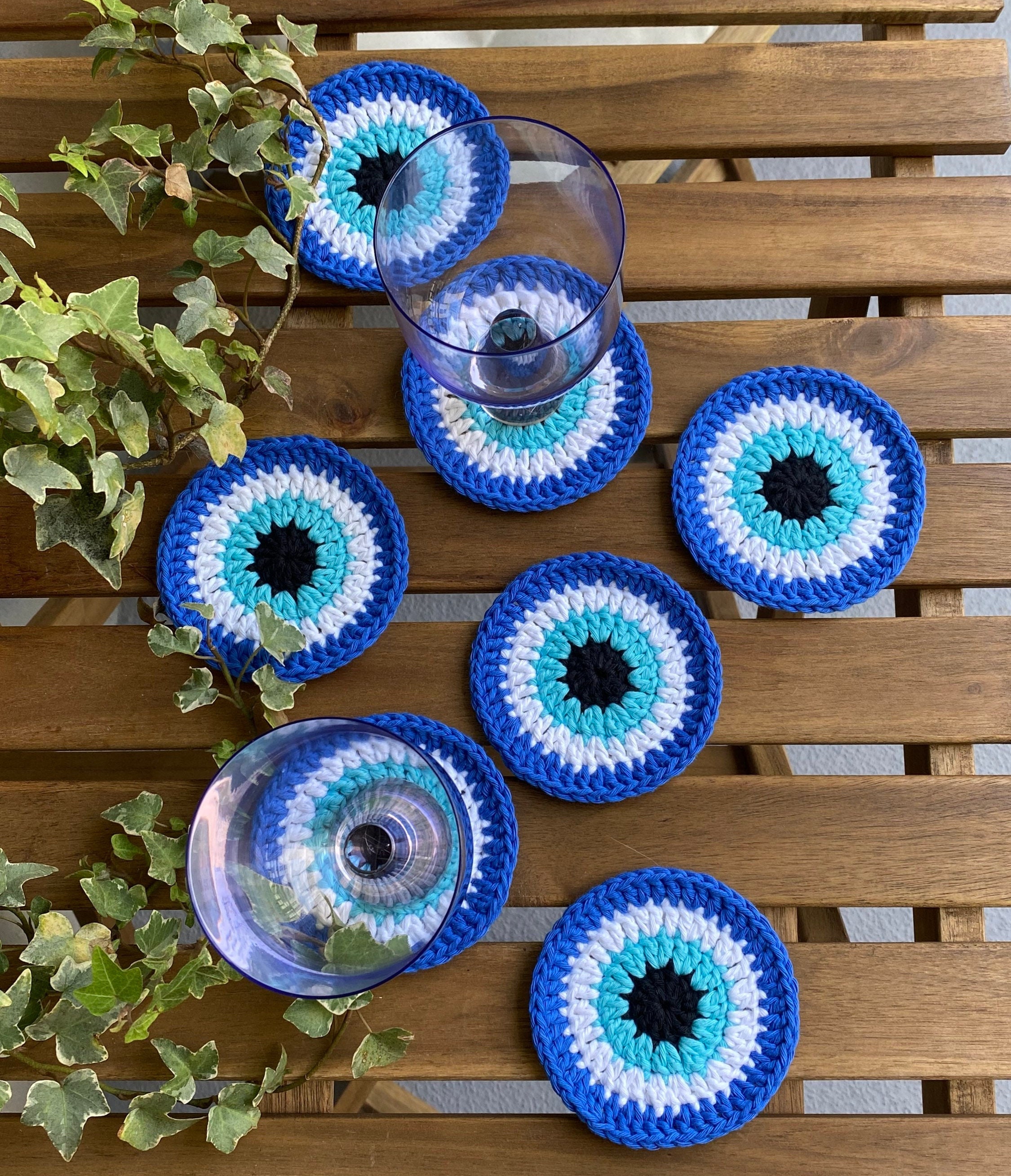 Blue Evil Eye Hand Embroidered Glass Bead Coasters, Set of 4 - Gifts With  Humanity