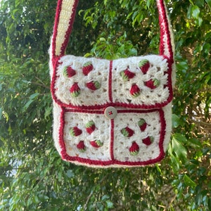 crochet strawberries and cream bag with strawberry inner lining