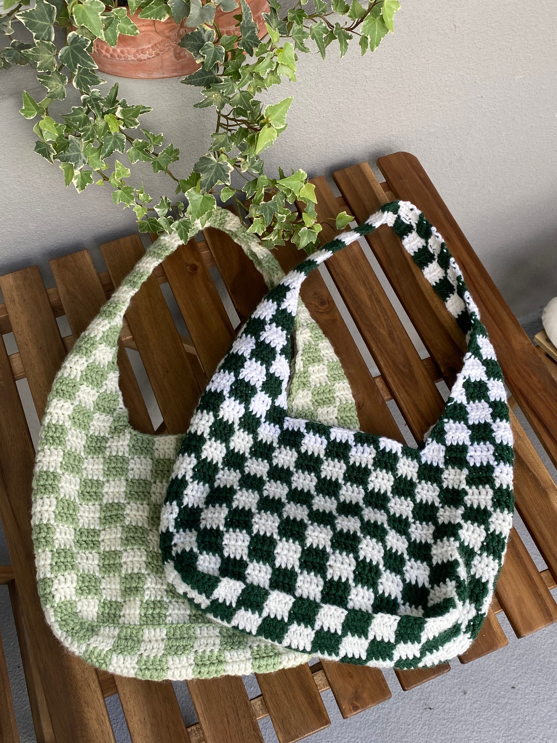 Casual Panelled Plaid Crochet Tote Bag Knitted Women Shoulder Bags