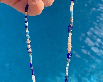 Evil eye mixed seed bead necklace