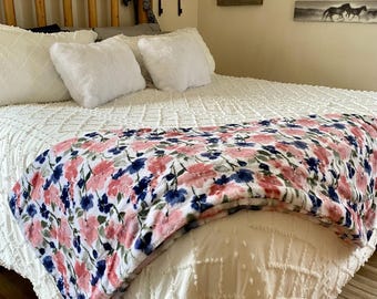 Plush Floral Minky Blanket, Soft Adult Throw, Couch Blanket