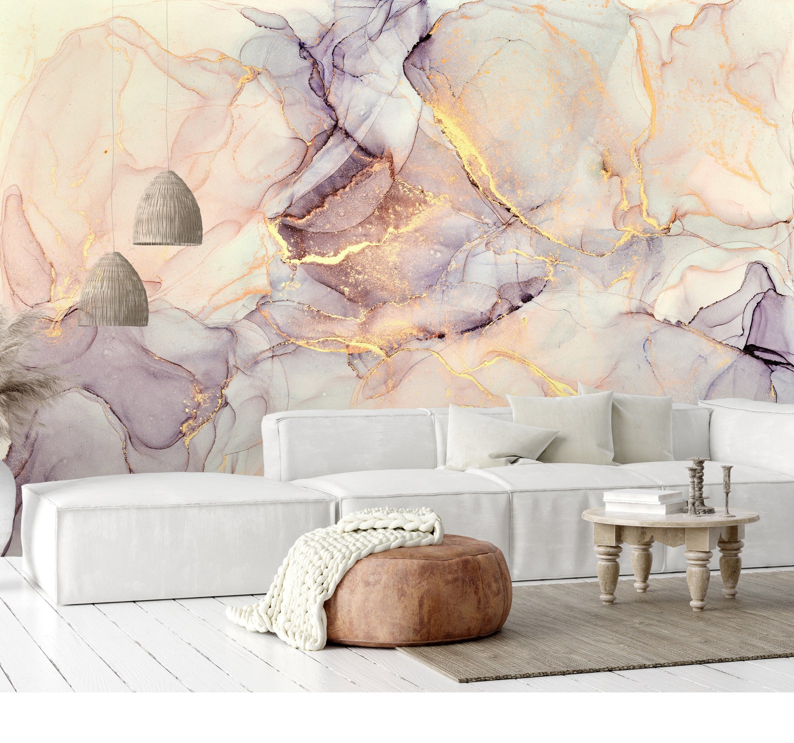 Beige-purple-gold Marble Wallpaper, Marble Wall Mural , Hand Painted ...