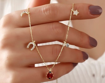 14K Gold Plated • Ladybug Necklace • Natural Enamel Necklace • Cute Ladybug Pendant • Ladybird Pendant • Valentines Day Gift • Luck Necklace