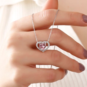 Pink Stone Heart Necklace, Diamond Heart Necklace, Dainty Silver Necklace, Tiny Heart Necklace, Small Pave Heart Pendant Diamond Stone
