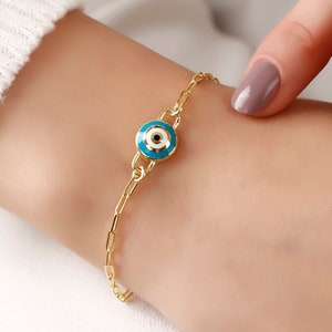 Evil Eye Paperclip Chain Bracelet, 925 Sterling Silver Nazar Bracelet, Valentines Gift For Wife, Gift For Pregnant Women, Protection Jewelry