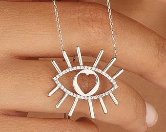 CZ Heart Eye Necklace for Women - Heart Shaped Eye Necklace - 925k Silver Heart Pendant Necklace - Bridesmaid Gift