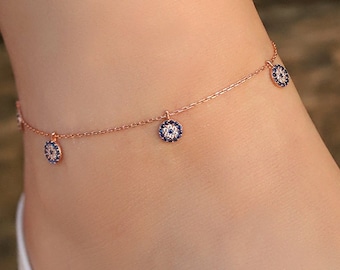 Cavigliera in argento con occhio malvagio, cavigliera in argento sterling, braccialetto alla caviglia, braccialetto alla caviglia in argento, regalo per la fidanzata, regalo per la sua cavigliera, cavigliera in argento