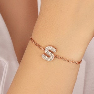 Bracciale lettera, Bracciale lettera pavé, Braccialetto iniziale lettera, Regalo per lei, Regalo di Natale, Regalo personalizzato, Bracciale lettera argento