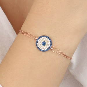 Silber Evil Eye Armband, Evil Eye Armband, Augenarmband, zierliches verstellbares Armband, Geschenk für Sie, handgemachtes 925 Silber Armband