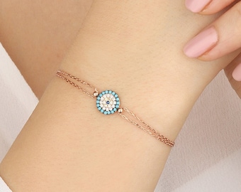 Pulsera de ojo malvado de plata, pulsera de ojo malvado, pulsera de ojo, pulsera ajustable delicada, regalo para ella, pulsera de plata 925 hecha a mano