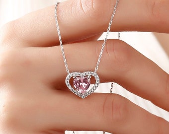 925 Pink Stone Necklace, Sterling Silver, Heart Necklace, CZ Heart Necklace, Dainty Necklace, 925 Sterling Silver Necklace, Valentines day