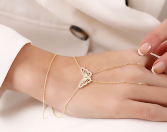 925k Silver Butterfly Hand Chain , Silver Chain Bracelet , Silver Bashmer