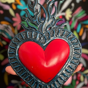Tin hojalata sacred burning heart wall decoration with blue flames from Mexico