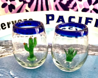 Individual classic Mexican tequila shot glass with cactus glass figurine—agave, saguaro, or nopal cactus