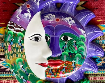 Large Brightly Painted Terra Cotta Eclipse Sun and Moon Wall Decor from Mexico in purple with harvest scenes